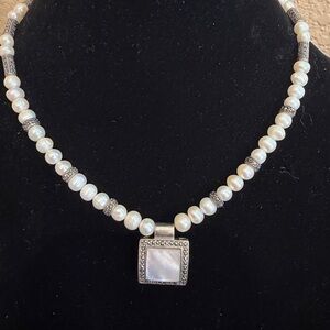 Art Deco Sterling Silver Freshwater Pearl MOP And Marcasite Necklace Signed Adj
